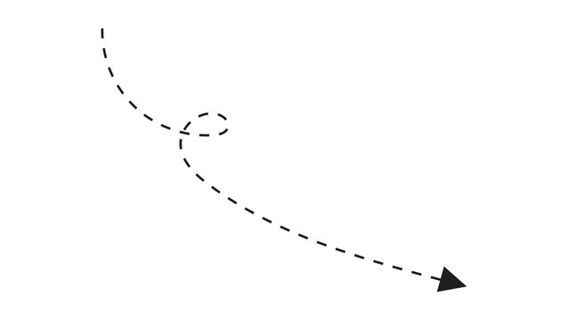 Curved dashed arrow featuring a single small and arrowhead pointing downwards dashed line arrow curve dotted arrow design element arrow sign black arrow white background hand drawn