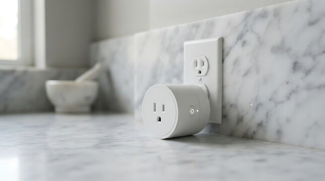 Modern smart plug installed in marble kitchen countertop.