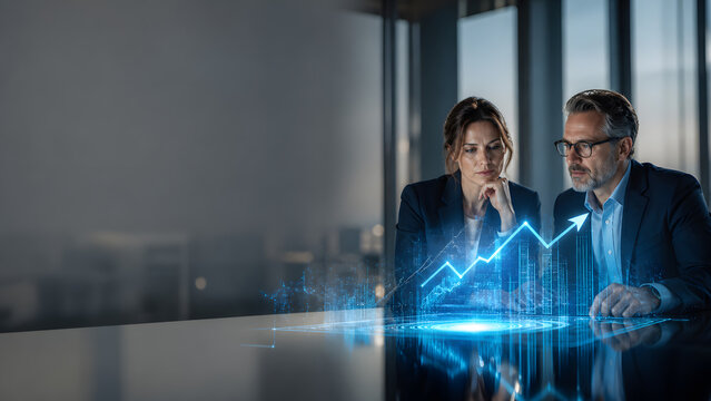 Businesswoman and businessman closely analyzing glowing hologram bar chart with rising arrow at glass table