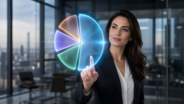 Businesswoman pointing at glowing digital pie chart hologram in modern office with panoramic city view