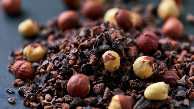 Cacao nibs and hazelnuts scattered on dark surface  showcasing rich textures and natural tones in close up detail