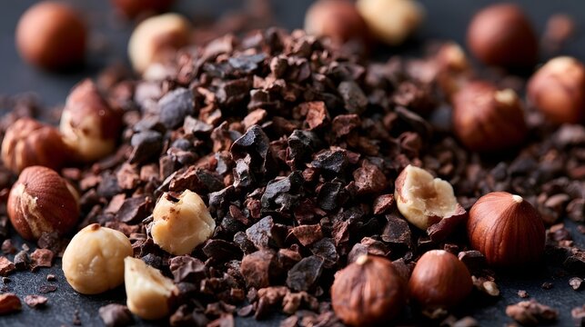 A pile of dark cacao nibs surrounded by whole and halved hazelnuts on a dark surface  showcasing rich textures and natural ingredients
