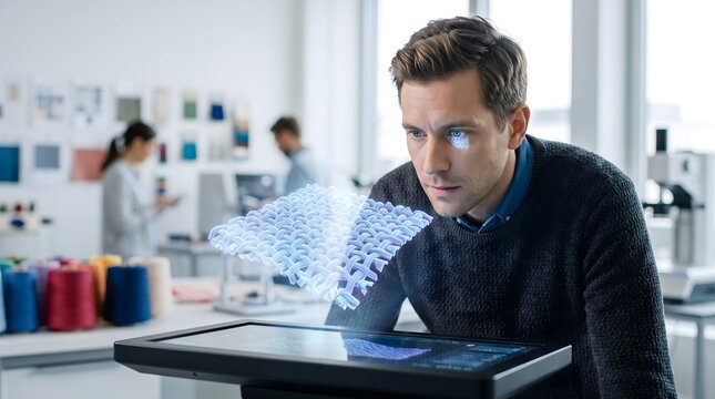 Focused male researcher examining holographic textile fabric projection on advanced digital screen using high tech laboratory equipment and professional precision