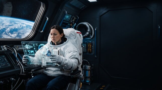 Astronaut in spaceship cockpit uses holographic interface with Earth visible outside window