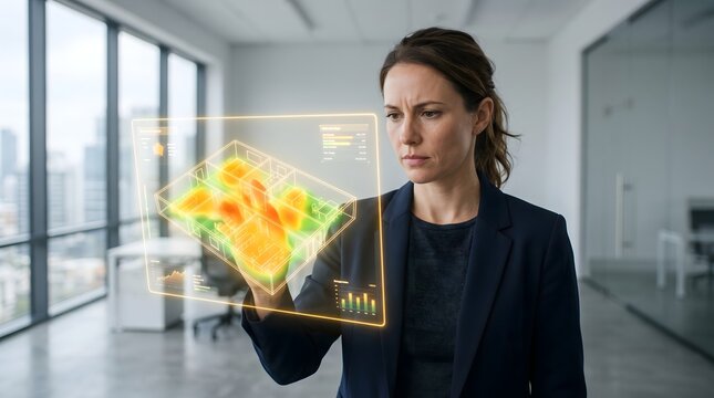 Professional businesswoman analyzing architectural floor plan heat maps on a luminous digital holographic interface wearing a dark formal tailored blazer