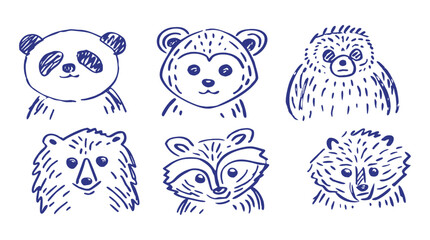 Naklejka premium Cute Animal Faces Hand Drawn Doodle Vector Illustration Set