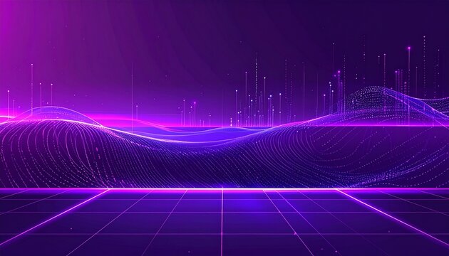 Network purple technology backdrop. Big data neon background perspective. Tech background purple. Cyber technical wave sound.
