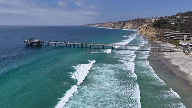 Aerial footage of Scripps pier in La Jolla. Ellen Browning Scripps Memorial Pier, is a research facility operated by the the University of California, San Diego.