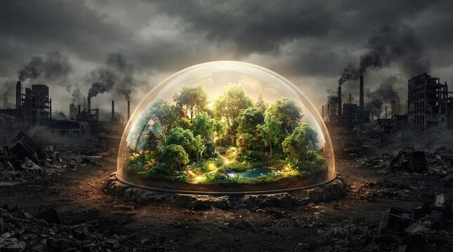 Glass dome protecting a lush green forest from a surrounding polluted industrial wasteland and city