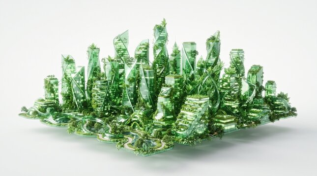 Miniature futuristic green crystal city model with glass skyscrapers and lush vegetation isolated