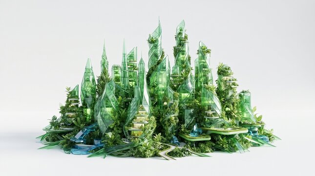 Miniature futuristic green crystal city model with glass skyscrapers and lush vegetation around it