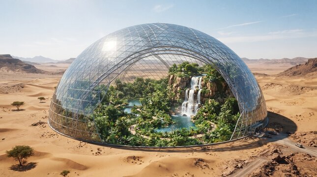 Giant glass dome greenhouse in desert landscape enclosing lush green tropical forest with waterfall