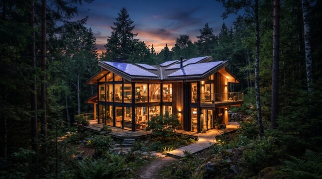 Luxury modern wooden home with solar panels illuminated in a deep pine forest house