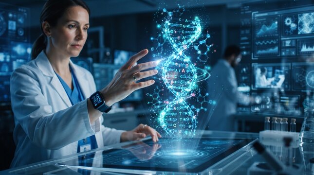 Medical researcher interacting with glowing holographic dna strand in laboratory