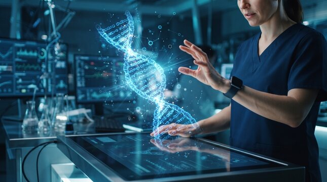 Female scientist interacting with a glowing digital dna strand in a futuristic lab