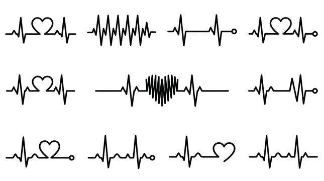 Black heartbeat pulse line icons set featuring various medical cardiology symbols on white grid background