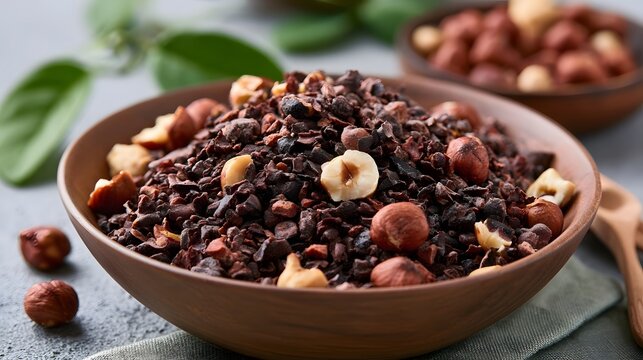 A wooden bowl filled with dark cacao nibs and whole hazelnuts  with fresh green leaves in the background