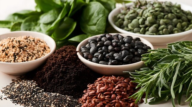 A vibrant arrangement of fresh green vegetables and assorted whole plant based foods including beans  seeds  and herbs