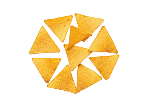 Crispy salted corn tortilla chips isolated on transparent background