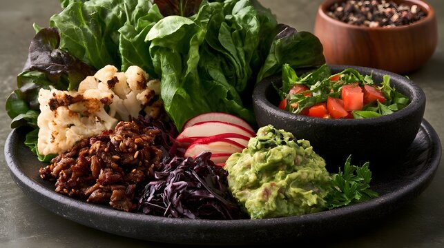 A vibrant plant based meal featuring roasted cauliflower  guacamole  radishes  red cabbage  and fresh greens on a dark plate