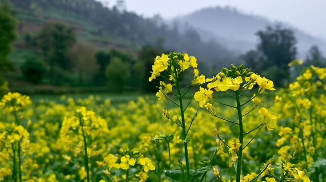A field of yellow flowers with green stems and dewdrops  set against a hazy mountainous background with trees