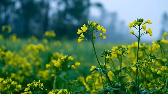 Yellow mustard flowers bloom in a lush green field under soft natural light  with blurred trees in the background