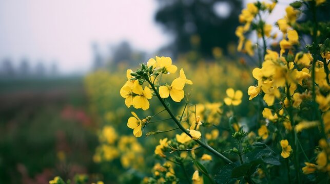 Yellow flowers bloom in a soft focus field under gentle natural light  with dewdrops visible on petals and stems