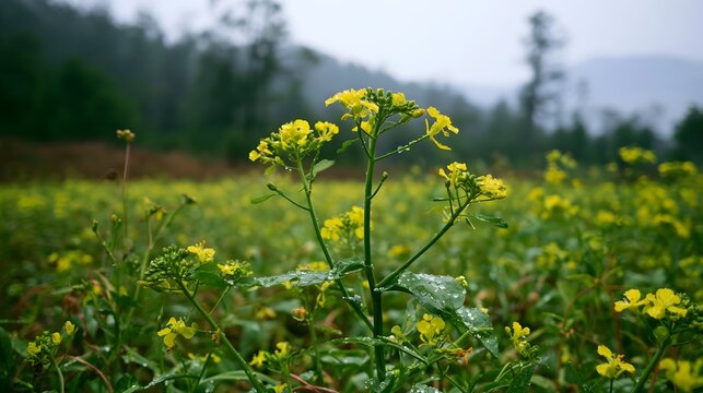 Yellow flowers bloom in a wet field with green foliage and misty hills in the background during a rainy day
