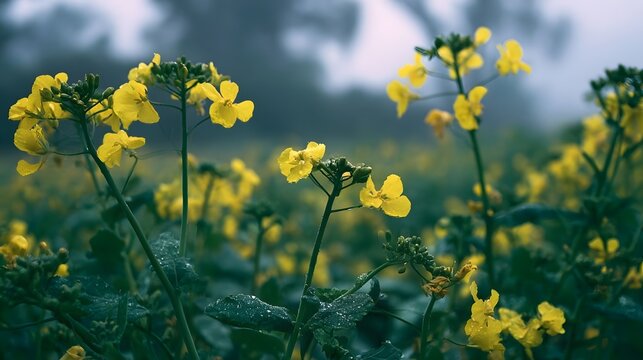 Yellow mustard flowers bloom in a misty field with dew covered leaves and soft natural lighting