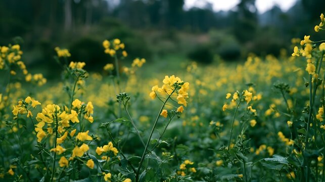 A field of yellow flowers swaying gently in a lush green landscape under soft natural light