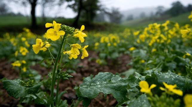 Yellow mustard flowers bloom in a lush green field after rain  with dewdrops glistening on leaves and soft background trees