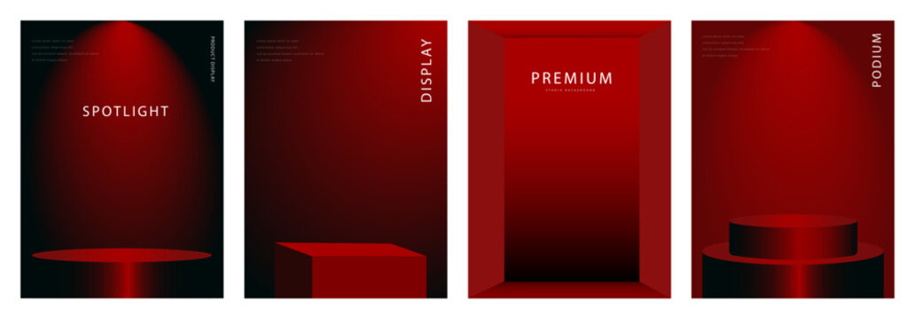 Red Spotlight Product Display Background Set with Podium, Cube and Studio Backdrop, Editable Vector Template for Product Mockup and Advertising