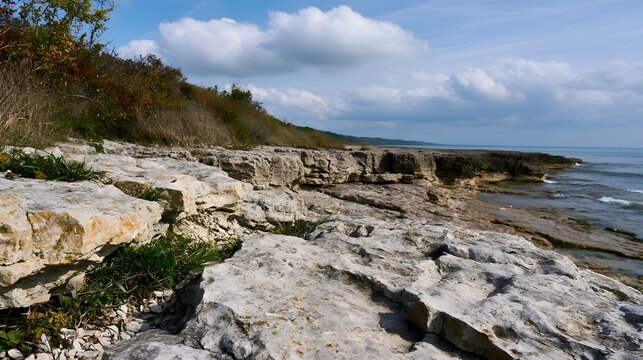 Rugged limestone cliffs meet the ocean under a partly cloudy sky with autumnal vegetation on the slope