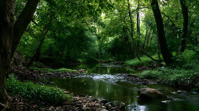 A tranquil forest stream flows gently through lush greenery under a dense canopy of trees  creating a serene natural scene