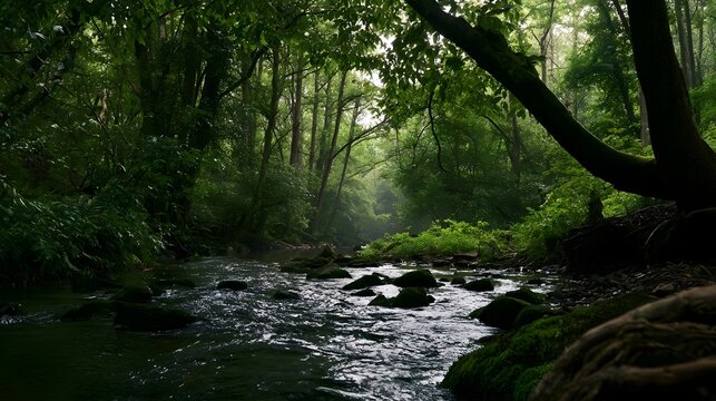 A serene forest stream flows gently over mossy rocks beneath a dense canopy of green trees