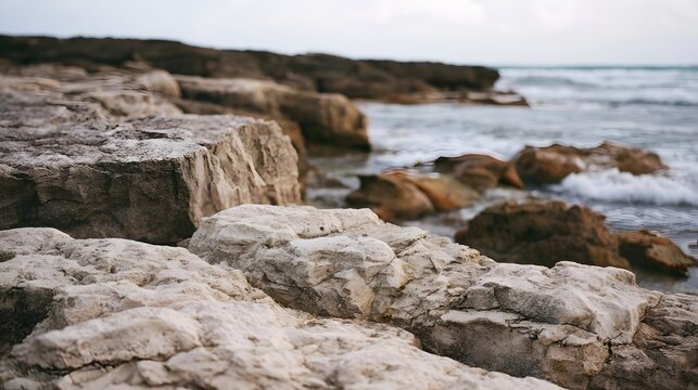 Close up of textured limestone rocks along a coastal shoreline with gentle waves and layered rock formations in the background