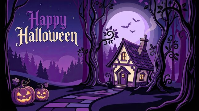 Spooky halloween background featuring a haunted house with glowing pumpkins under a full moon in purple forest