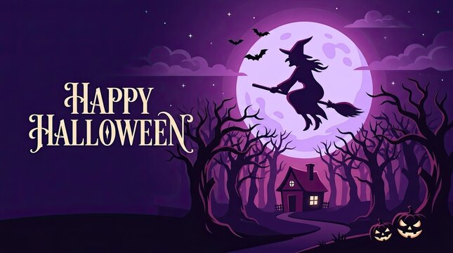 Happy halloween background featuring a witch flying on a broomstick in front of a giant full moon