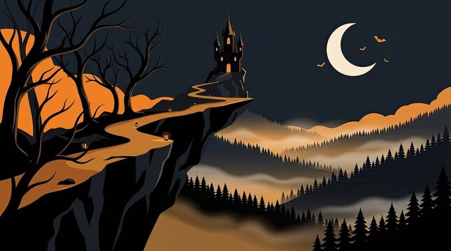 Spooky digital illustration of a haunted castle on a cliff edge under a crescent moon at night