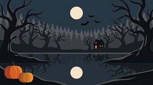 Spooky halloween landscape with a haunted house silhouette full moon reflection and pumpkins in a dark forest