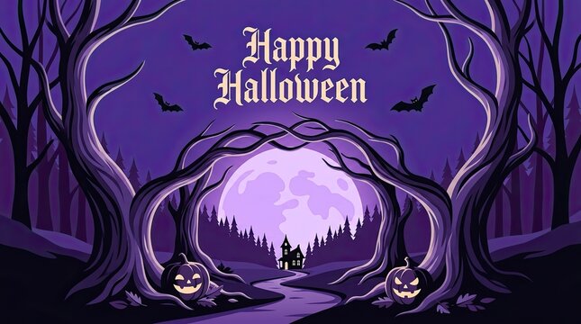 Spooky halloween background featuring a full moon silhouette forest trees bats and glowing jack o lanterns