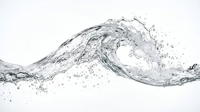 Dramatic water wave splash against white background. Clear liquid swirl, ocean texture, hydro splash, beach concept, fluid dynamics, transparent liquid stream, water droplets motion