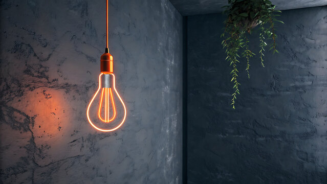 Minimalist glowing neon light bulb hanging on textured wall for modern interior design inspiration