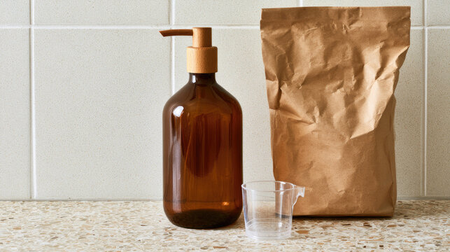 Amber glass laundry bottle with wooden pump beside kraft paper refill bag and clear measuring cup on terrazzo surface, creating calm sustainable home care scene