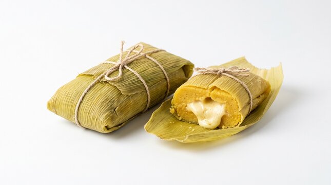 Two Pamonhas Goianas wrapped in corn husks with creamy cheese filling on a white background
