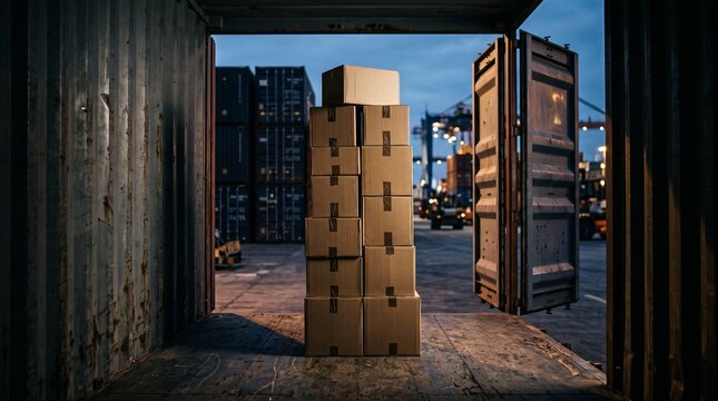 Stack of cardboard boxes inside an open shipping container at a port terminal at dusk