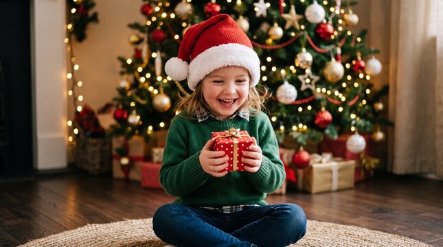 Joyful child wearing Santa hat opens Christmas present near decorated tree