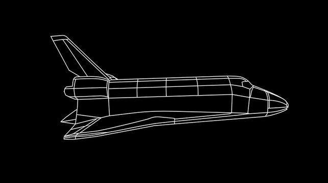 Digital wireframe model of a futuristic space shuttle in profile view, featuring glowing white vector lines isolated on dark black background