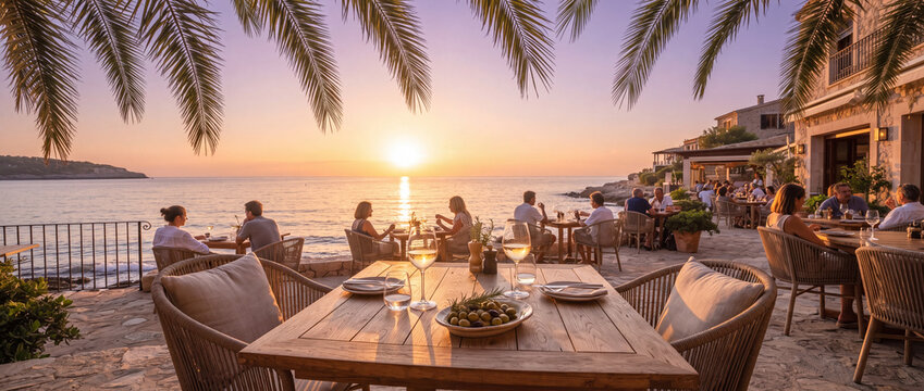 Seaside restaurant terrace at golden sunset with people dining at wooden tables by the calm Mediterranean sea under palm trees, ideal for luxury travel and summer vacation concepts