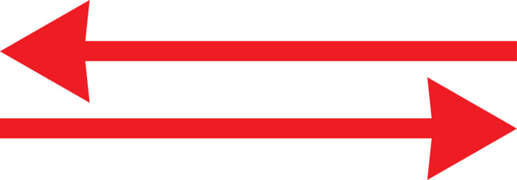 red arrows on white background. two red arrows with straight triangular head one pointing left and other pointing right on white background. vector illustration